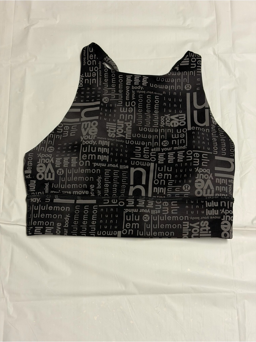 lululemon Energy Logo Sports Bra Black Graphic Text High Neck Long Line Yoga